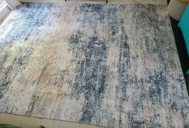 10x13 Washable Abstract Area Rug - Blue and Gold, Low Pile Non-Slip